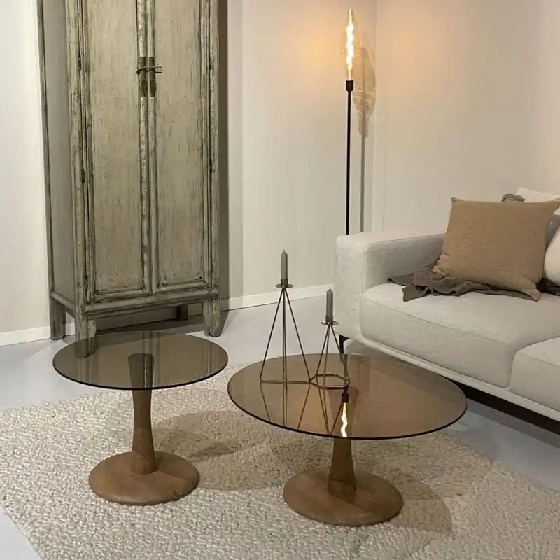 Couchtisch Faye Ø 60 cm Mangoholz Glas Sofatisch Echt