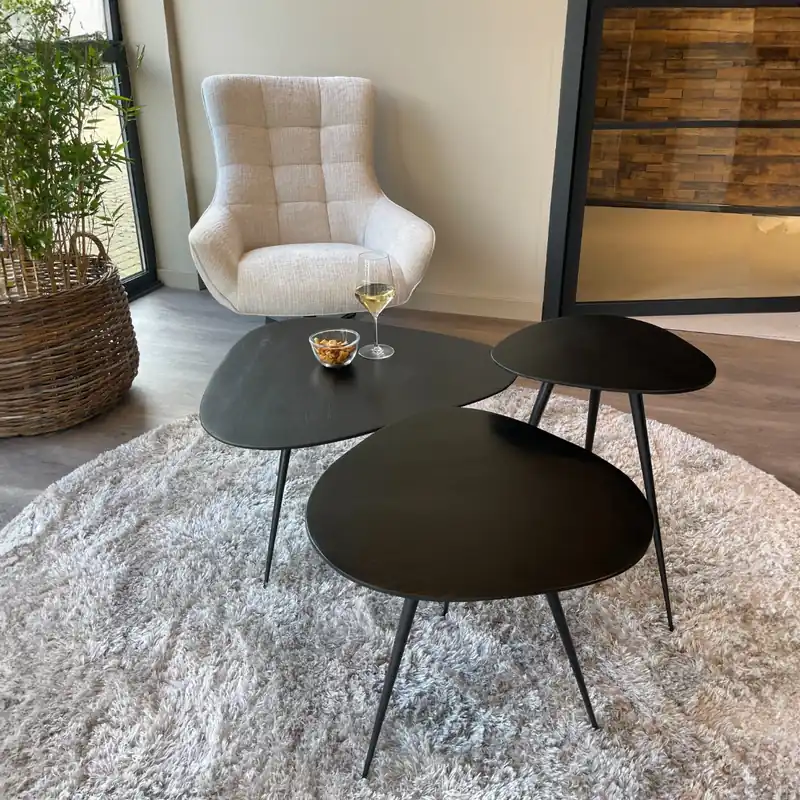 Preisreduziert 3er Set Couchtisch Loua Hartholz schwarz Metall Tischset Sofatische