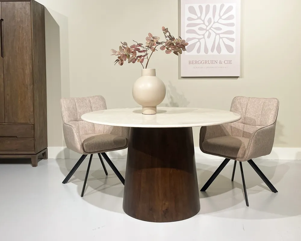 Esstisch Bottecino rund Ø 130 cm Marmorplatte cremeweiß Mangoholz braun Mega-Angebot
