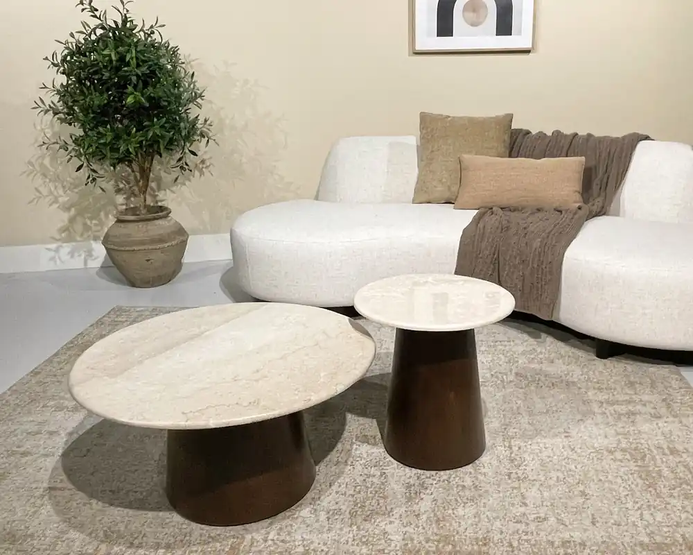 Couchtisch Bottecino Ø 45 cm Mangoholz braun Marmor Direktkauf
