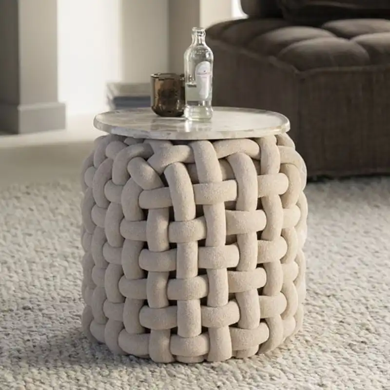 Preis Gesenkt Pouf Poofie Ø 44 cm Wolle beige Hocker Sitzhocker