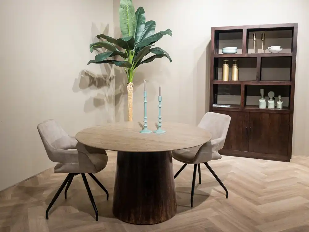 Esstisch Valentino rund Ø 130 cm Mangoholz mit Travertin Tischplatte natur Solange Der Vorrat Reicht