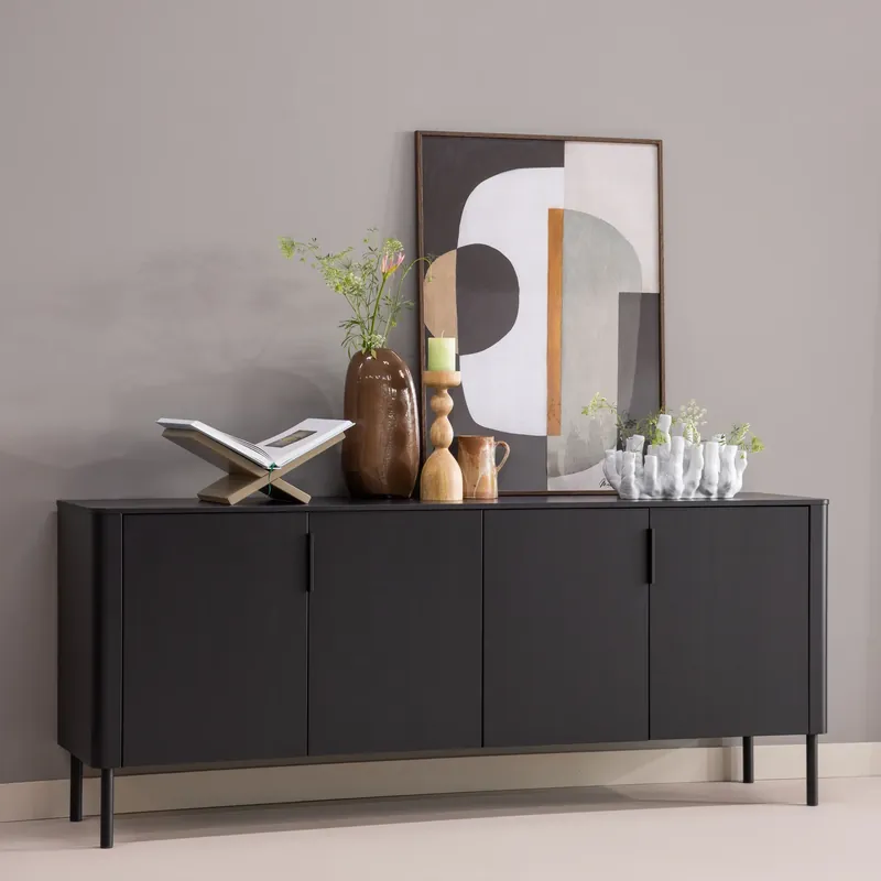 Sideboard GUNNAR 200 cm mit 4 Türen Kiefernholz matt schwarz Kommode Bestpreis