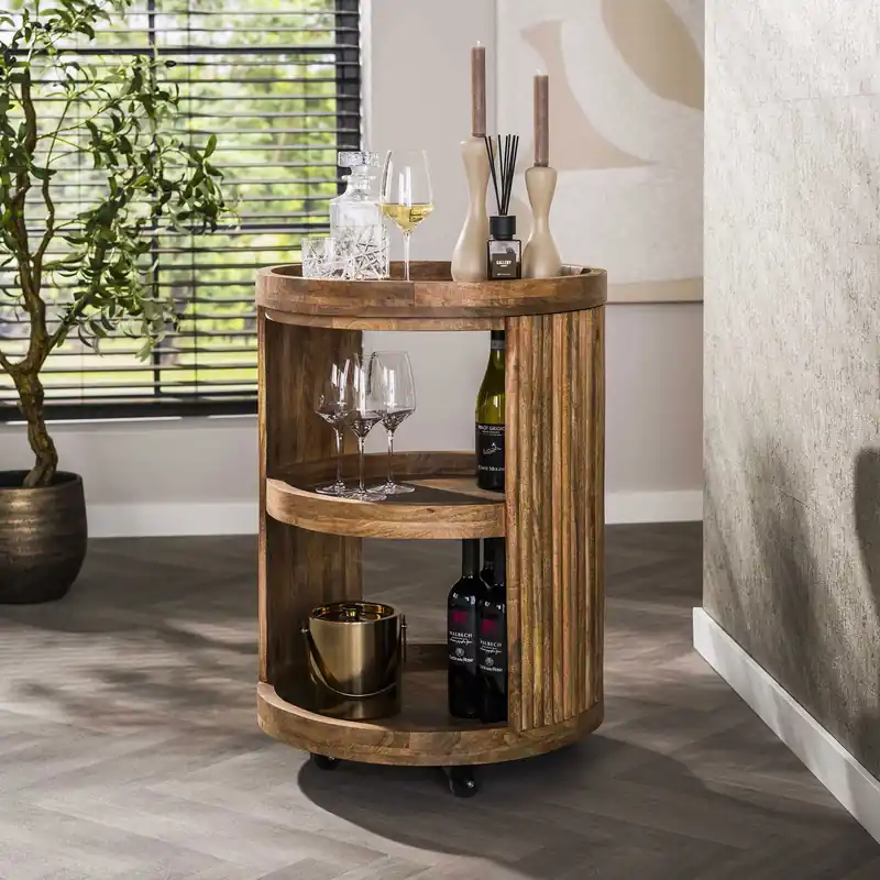 Weintrolley SWELL mit Tablett Mango Massivholz sand Trolley auf Rollen Beistelltisch Bestseller