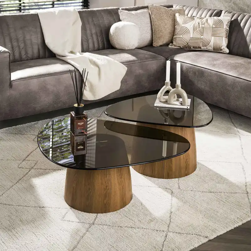 2er Set Couchtisch SAMOS dreieckig Eichenholzoptik Bronzeglas Günstig