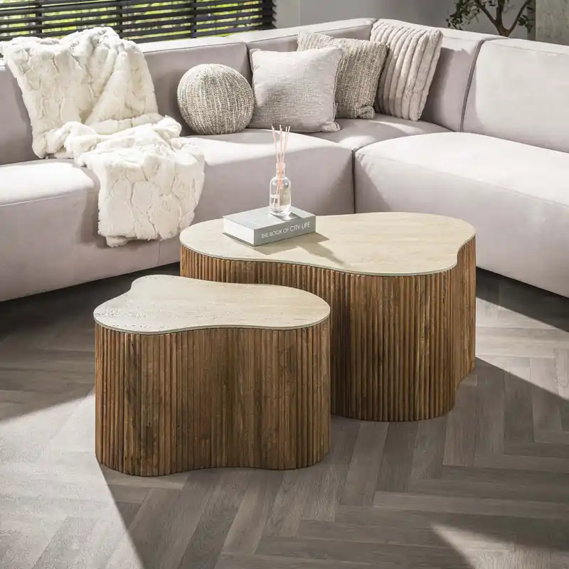 2er Set Couchtisch FLUVIO organisch Keramik Travertinoptik Bestpreis
