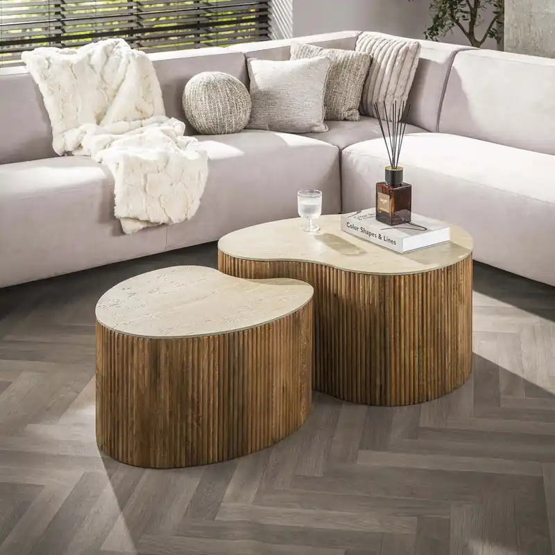 2er Set Couchtisch FLUVIO II organisch Keramik Travertinoptik Mangoholz sandfarben Solange Der Vorrat Reicht