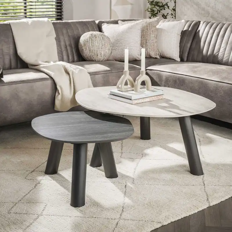Preiswert 2er Set Couchtisch Bianco & Nero organisch Travertin Edelstahl