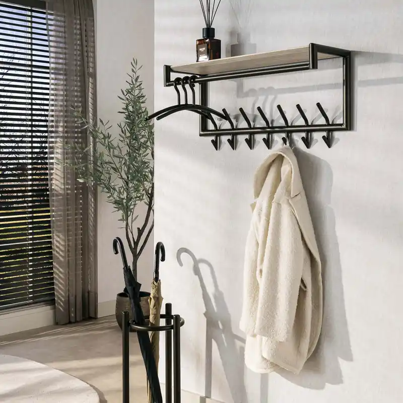 Wandgarderobe NERO B 85 cm mit 14 Haken Hutablage Travertin-Optik Metall Bronzefinish Kracherpreis