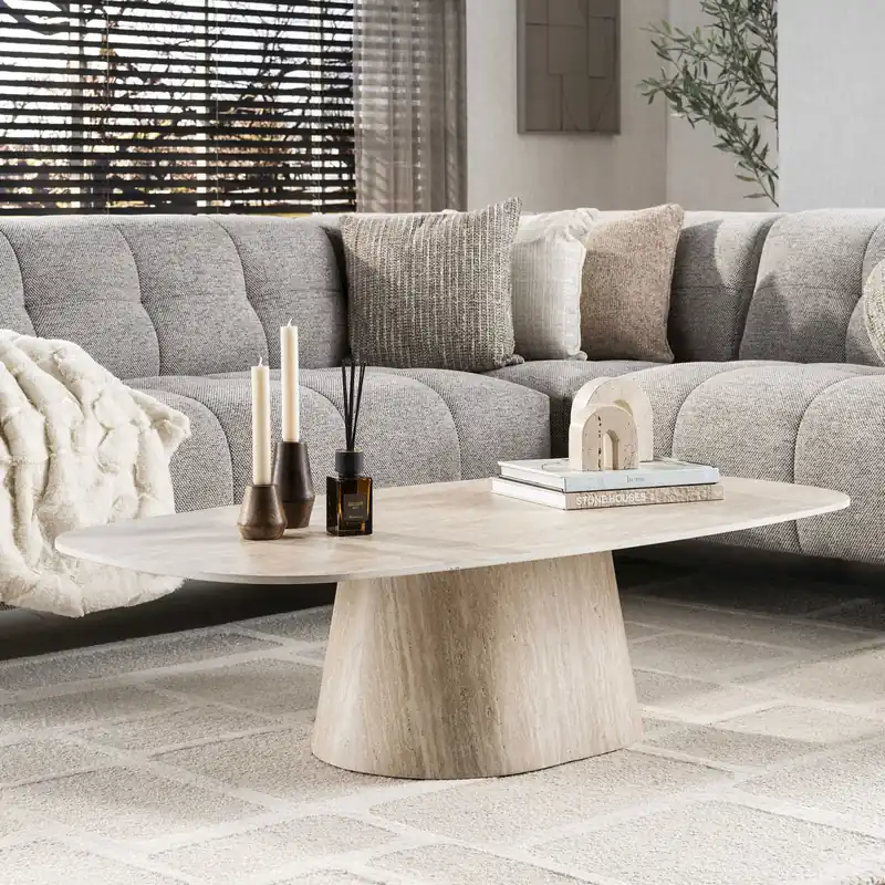 Couchtisch VERONA 135 x 70 cm oval Keramik Travertinoptik Begrenztes Angebot
