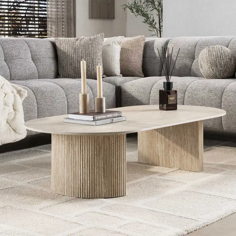 Couchtisch VERONA 135 x 70 cm oval Keramik Travertinoptik Neue Ware