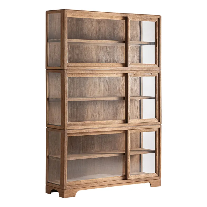 Vitrinenschrank BROICH H 220 cm Teakholz Vitrine Schrank Garantierte Lieferung
