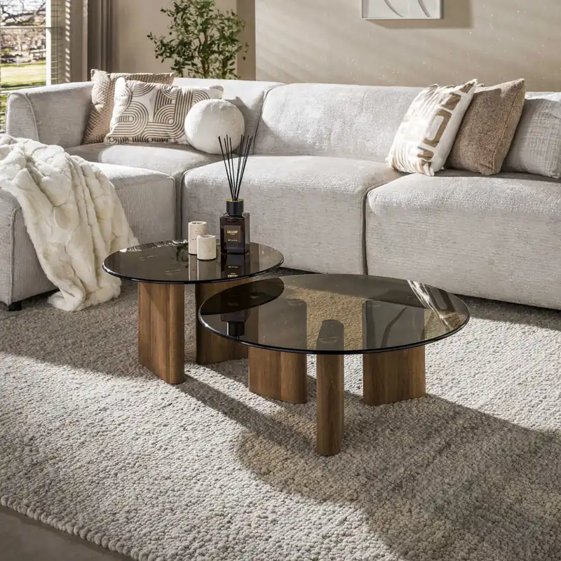 2er Set Couchtisch SAMOS rund Eichenholz-Optik Glasplatte Begrenztes Angebot