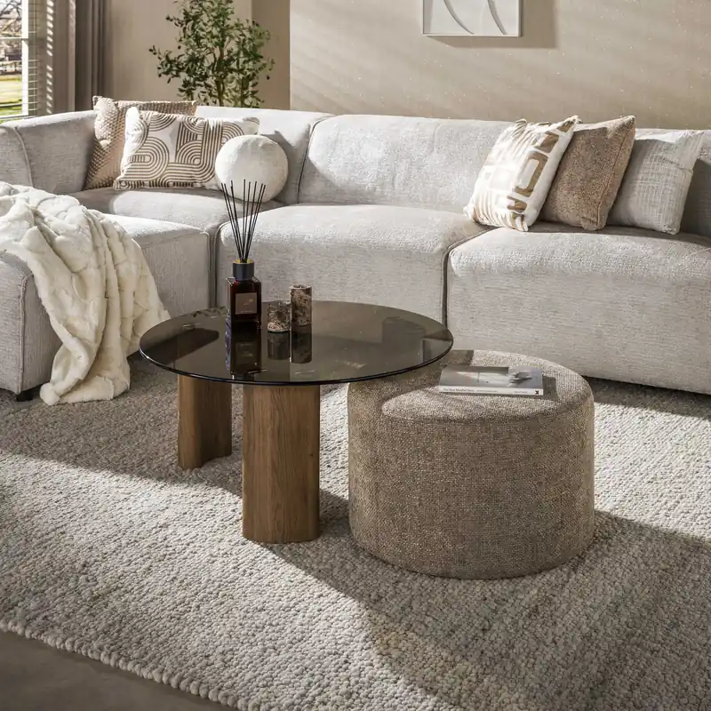 Nur Für Kurze Zeit Set Couchtisch SAMOS rund Ø 80 cm Glasplatte mit Pouf sandfarben