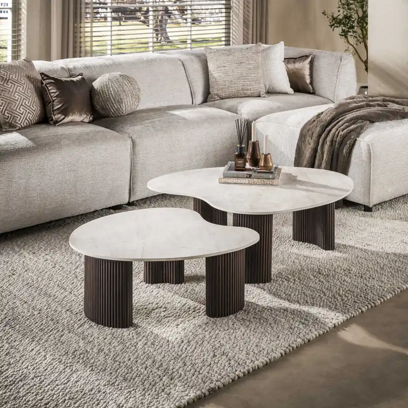 2 er Set Couchtisch JAHAN organisch 3D-Keramik Taj-Mahal-Optik Zertifiziert