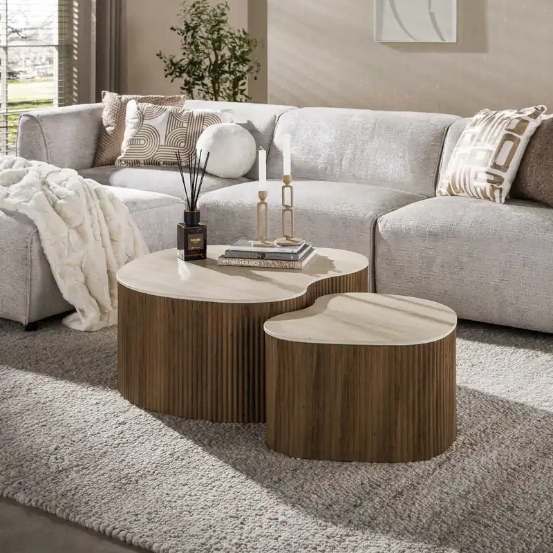 2 er Set Couchtisch JONO organisch 3D-Keramik Travertin-Optik Direktkauf