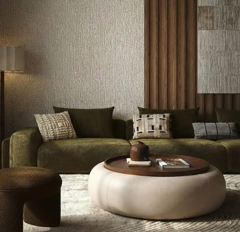 Neu Im Sortiment Couchtisch MOVANI Beige Wallnuss rund mit Stauraum Ø 102 cm