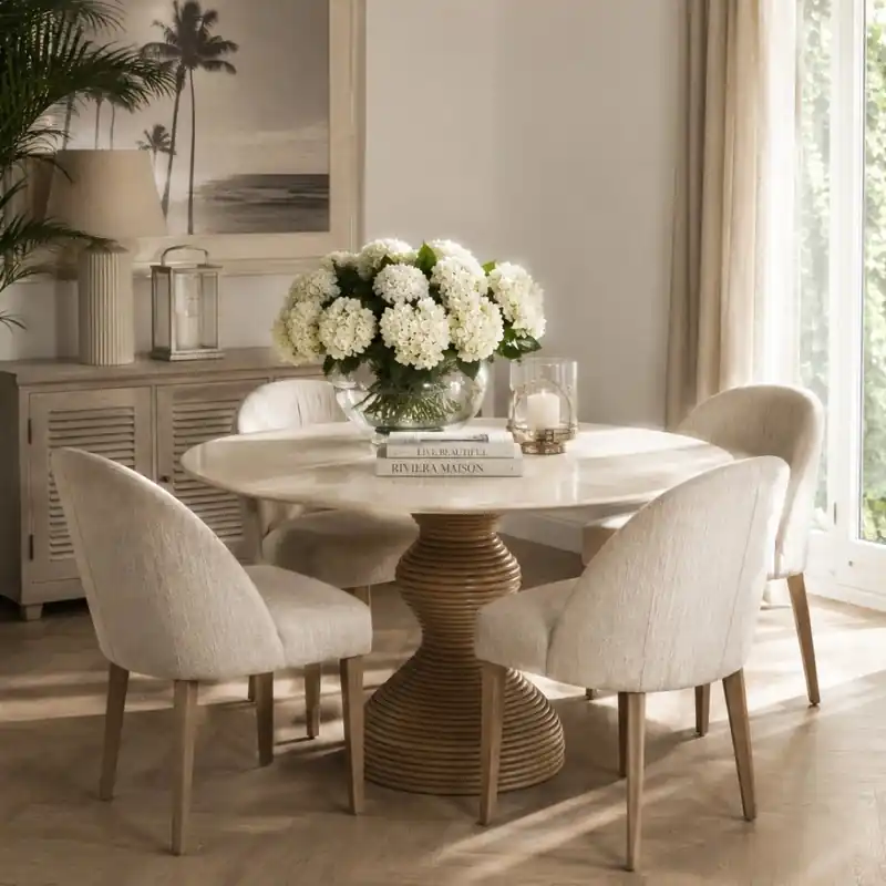 Günstig Rivièra Maison Esstisch Vedella Ø 130 cm Marmor Beige mit Kubu-Rattan
