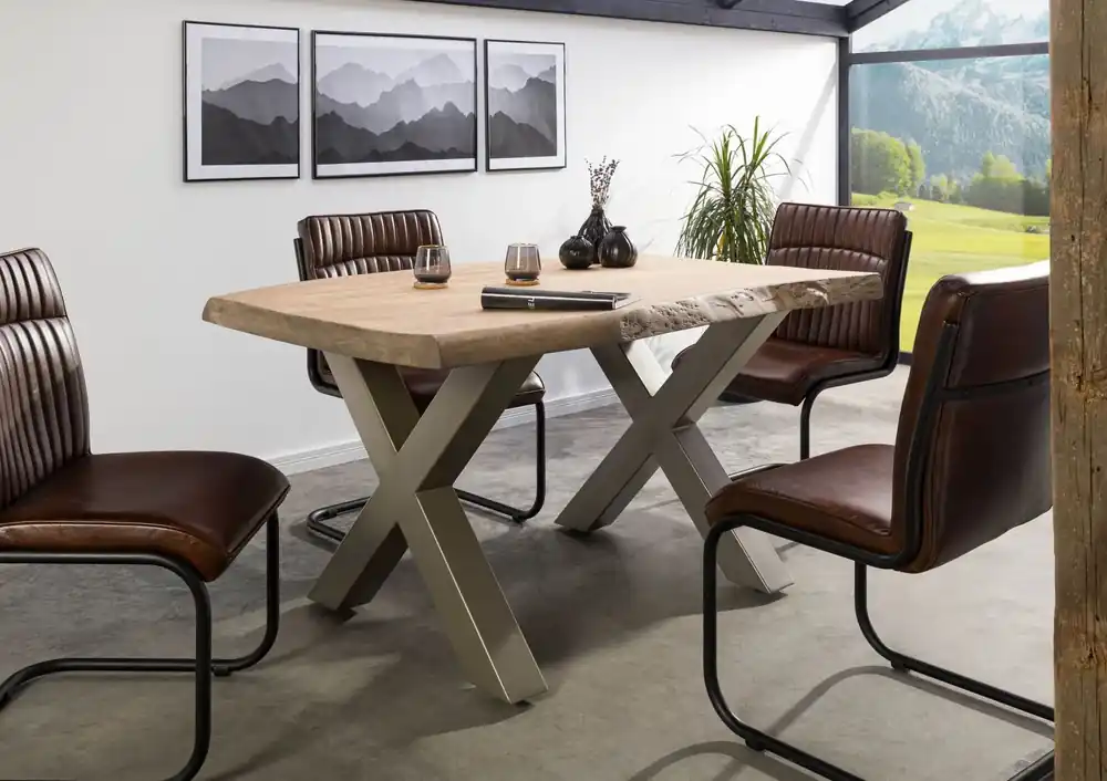 Schnäppchen Baumtisch Mango 140x90x77 beige lackiert / X-Beine silber matt FREEFORM 5