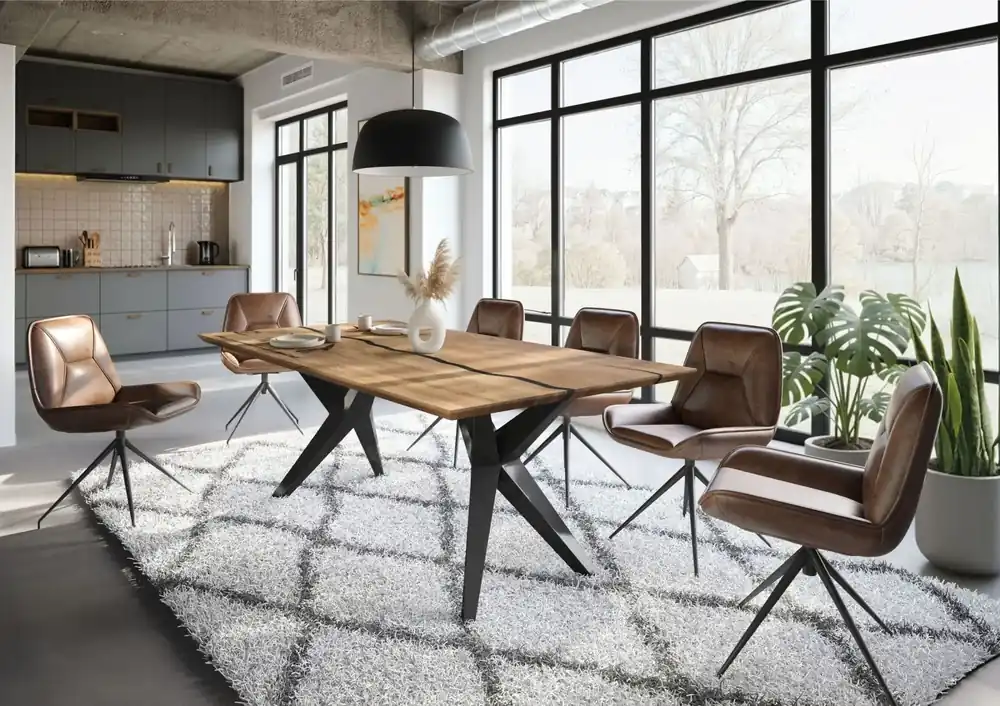 Esstisch Mango 220x100x76 natur lackiert / Epoxid schwarz, Sterngestell anthrazit glänzend EPOXY Neu Im Sortiment