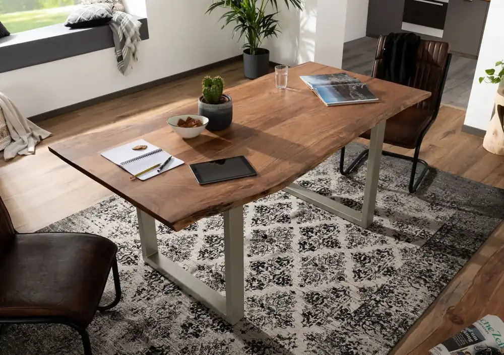 Baumtisch Akazie 120x90x76 natur Beine silber matt FREEFORM 3 Schnäppchen