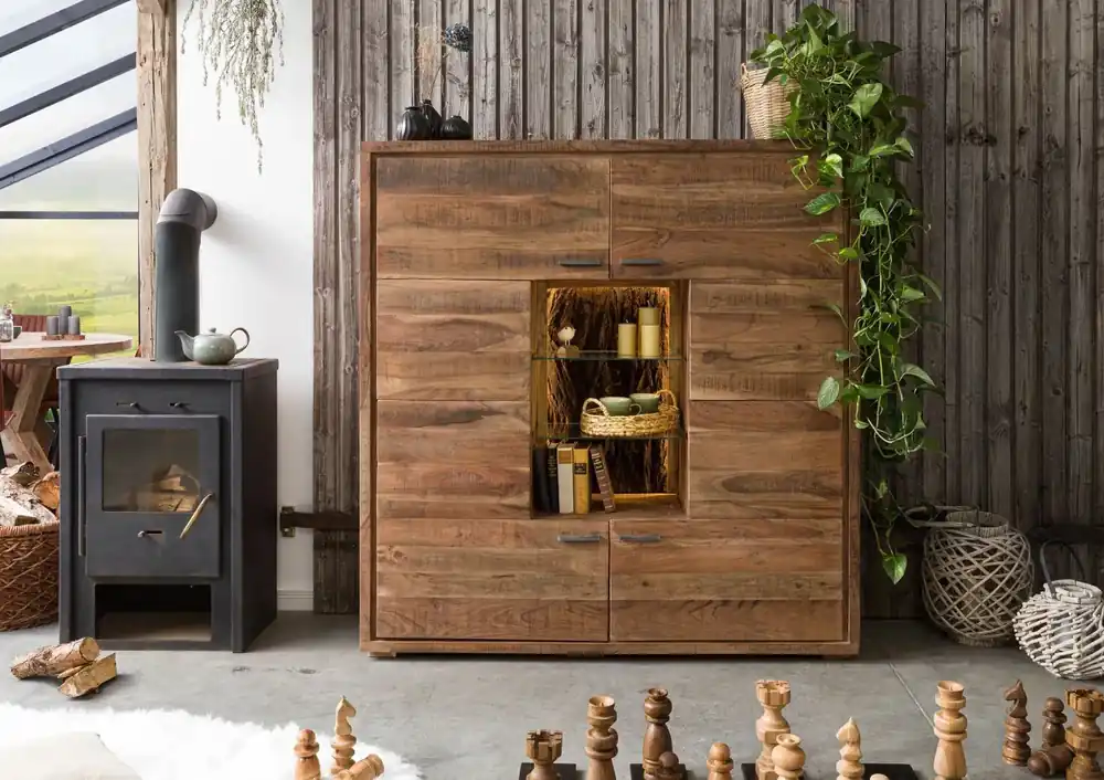 Markenware Highboard Akazie 145x40x153 natur lackiert BARK #107