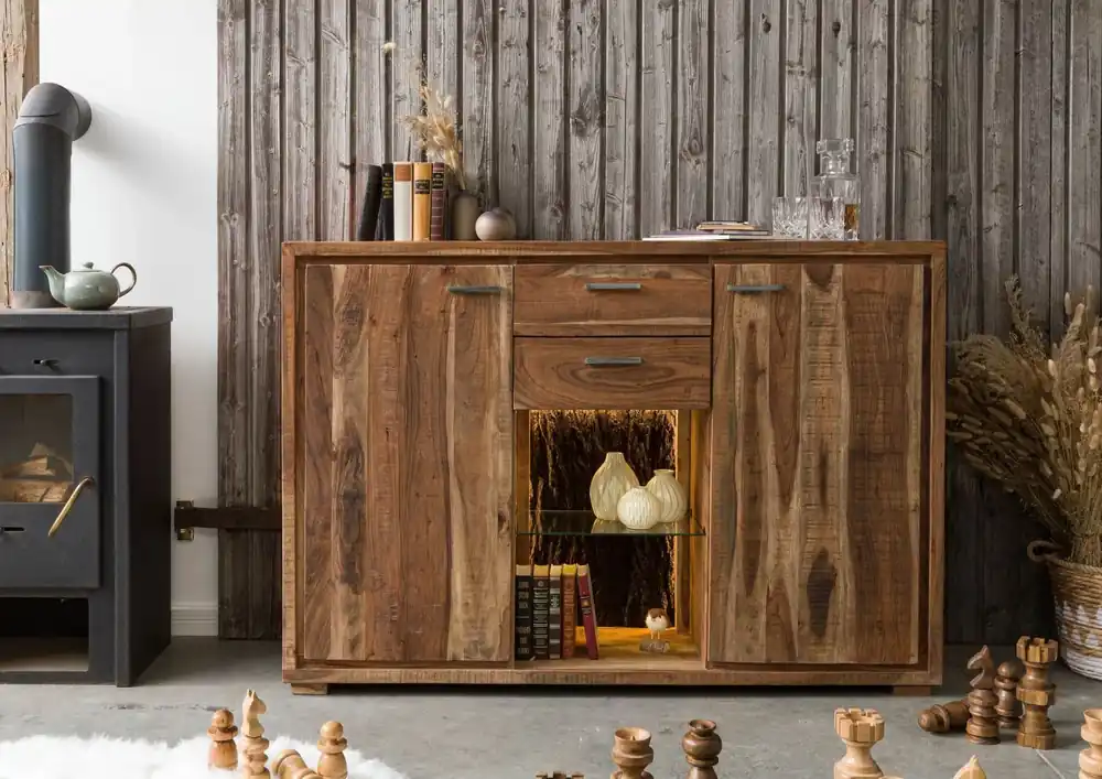 Schnäppchen Highboard Akazie 145x40x101 natur lackiert BARK #114