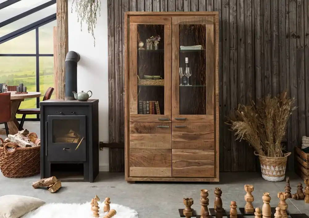 Neuheit Vitrine Akazie 98x40x180 natur lackiert BARK #108