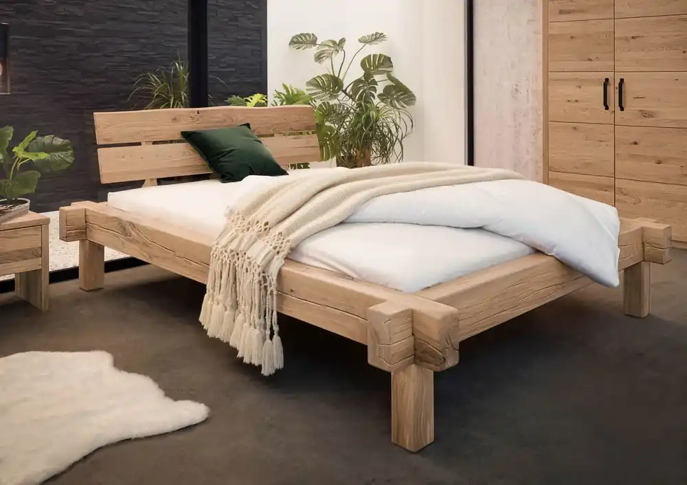 Balkenbett Wildeiche 140x200 bianco geölt JANGALI #110 Markenware