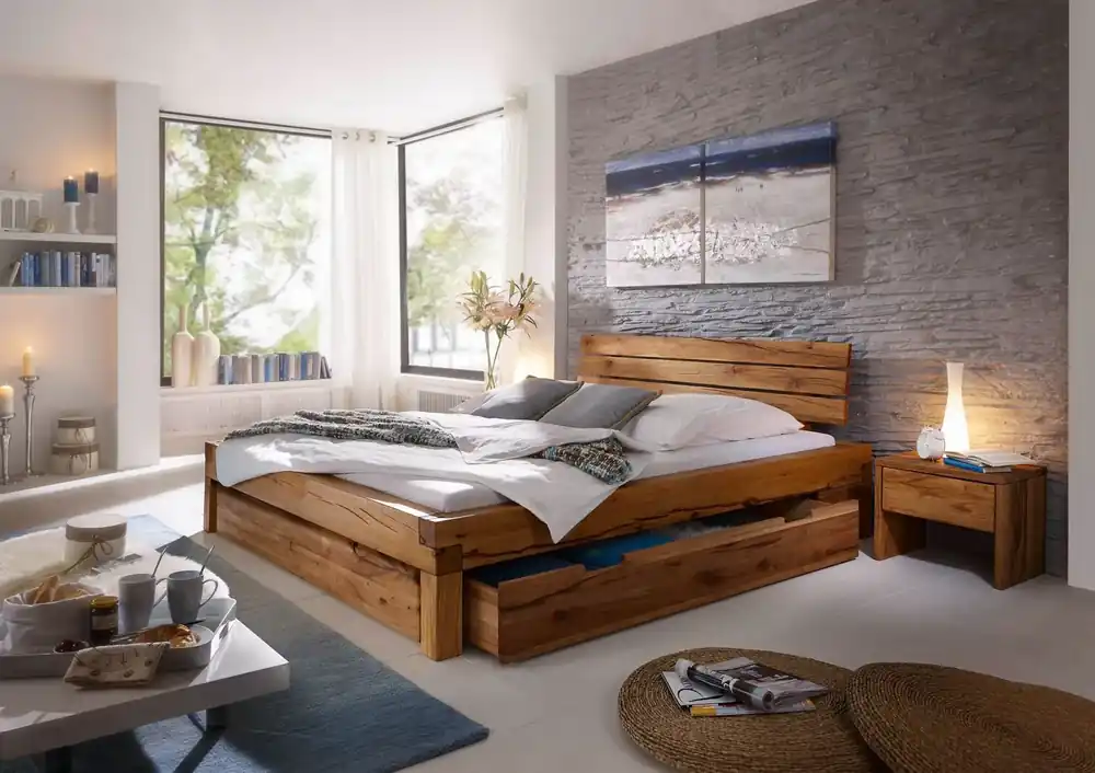 Balkenbett Balkeneiche 200x200x85 natur geölt KRAKAU #404 Preisreduziert