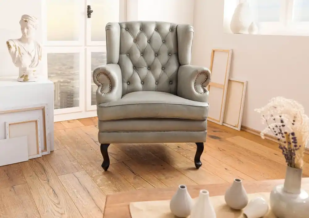 Ohrensessel Echtleder 88x81x105 grau CHESTERFIELD #201 Bestpreis