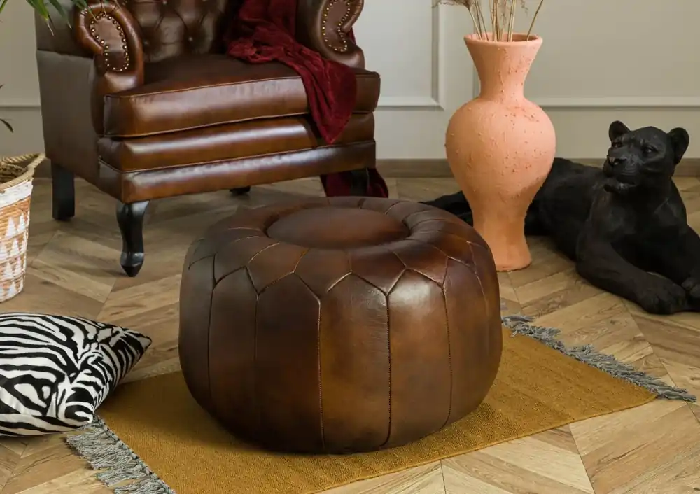 Neu Pouf Hocker Echtleder 60x60x38 braun CHESTERFIELD #18