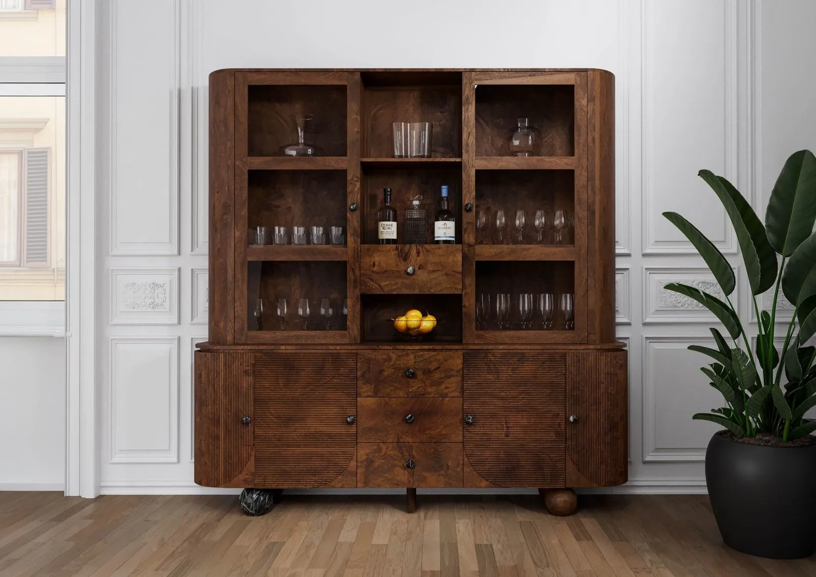 Buffet Mango 204x50x210 dunkelbraun lackiert / Marmor schwarz FLORENZ #225 Online Kaufen