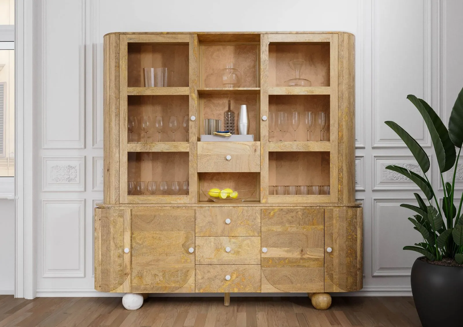 Knallerangebot Buffet Mango 204x50x210 natur lackiert / Marmor weiß FLORENZ #125