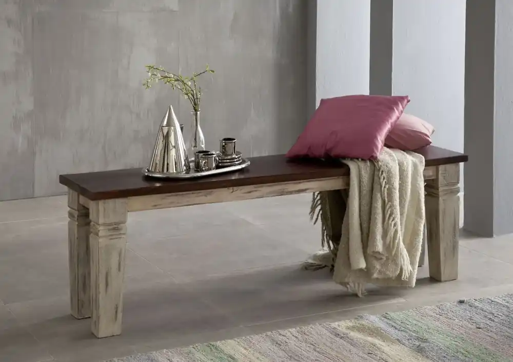 Bank Mango / Akazie 160x35x45 weiß gewachst CASTLE-ANTIK #147 Nur Heute