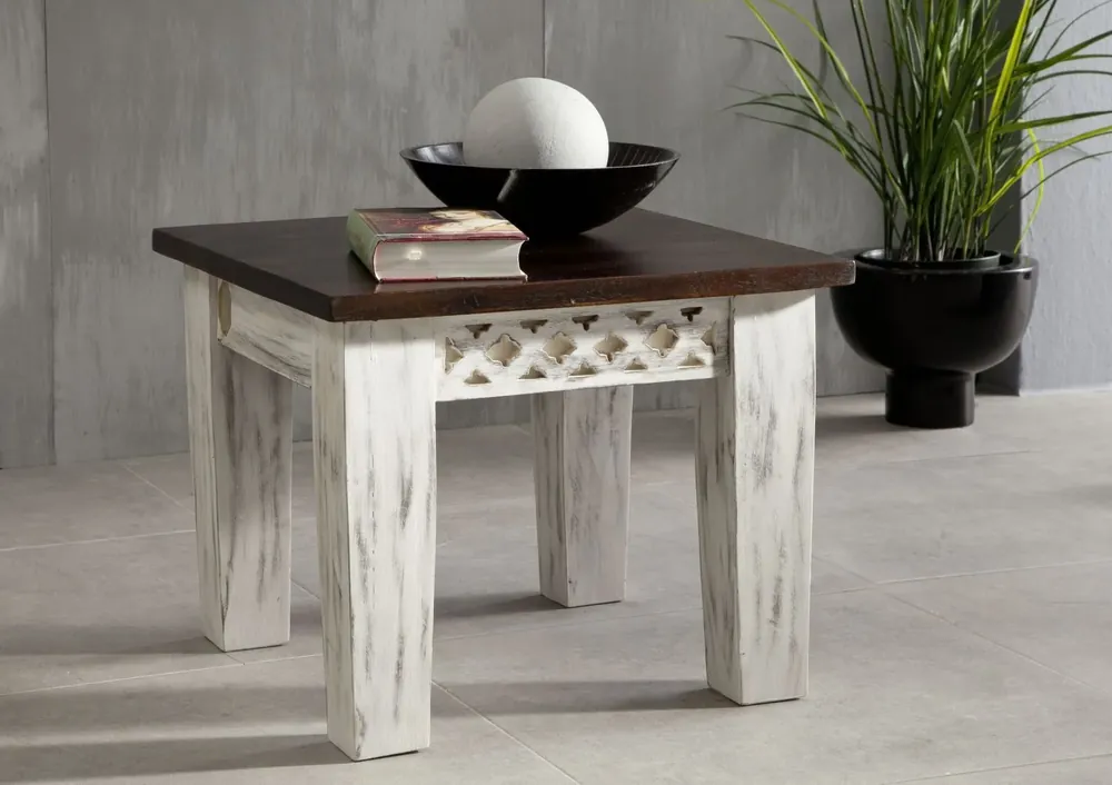 Beistelltisch Mango / Akazie 55x55x45 weiß gewachst CASTLE-ANTIK #249 Nur Heute