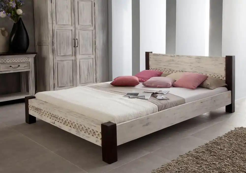 Bett Mango / Akazie 140x200x75 weiß gewachst CASTLE-ANTIK #403 Kracherpreis