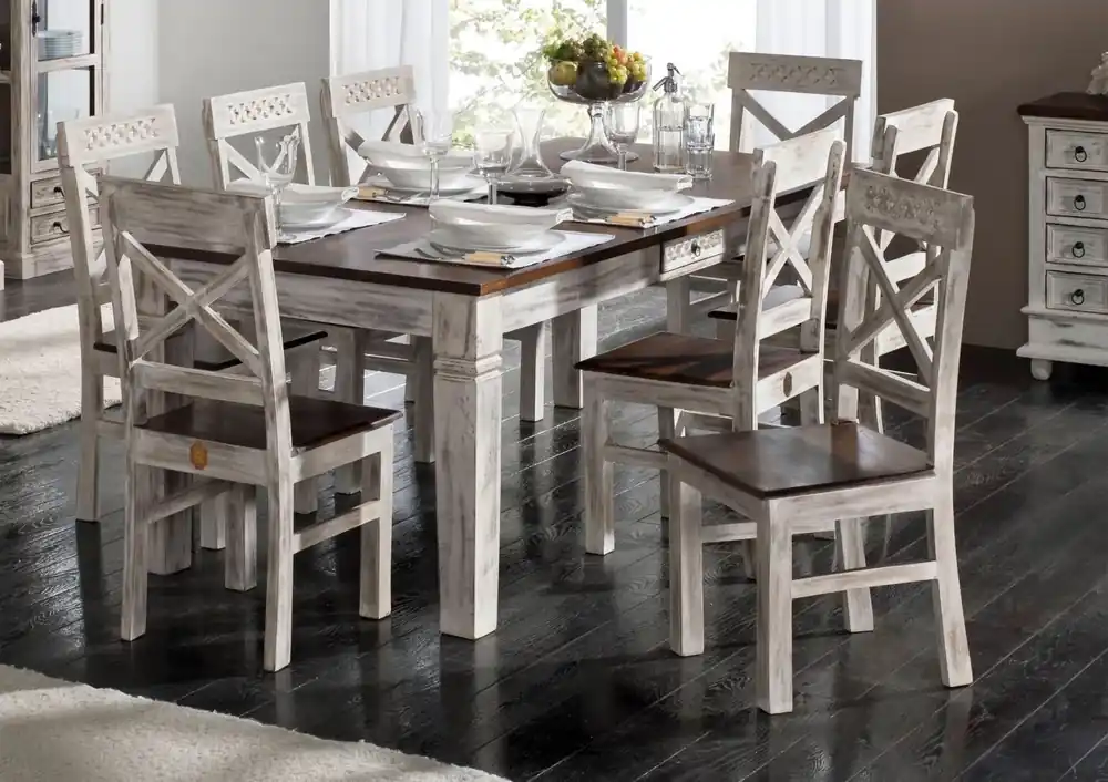 Aktuell Esstisch Mango / Akazie 90x90x76 weiß gewachst CASTLE-ANTIK #110