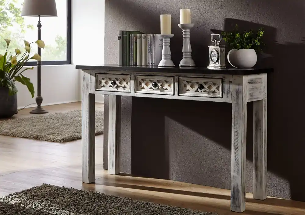Preisreduziert Konsolentisch Mango / Akazie 120x40x76 weiß gewachst CASTLE-ANTIK #225