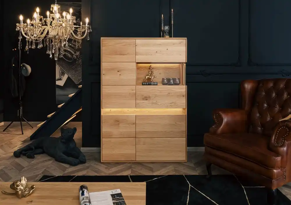 Billig Highboard Wildeiche inkl. LED 103x43,5x152 natur geölt CARDIFF #120