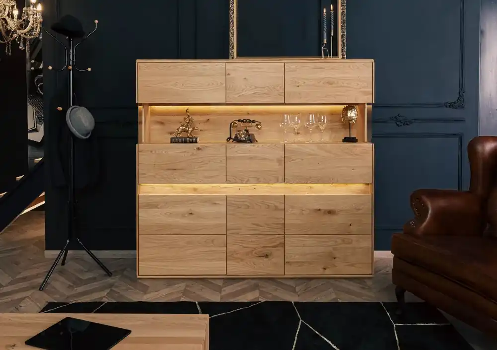 Echt Highboard Wildeiche inkl. LED 163x43,5x152 natur geölt CARDIFF #122