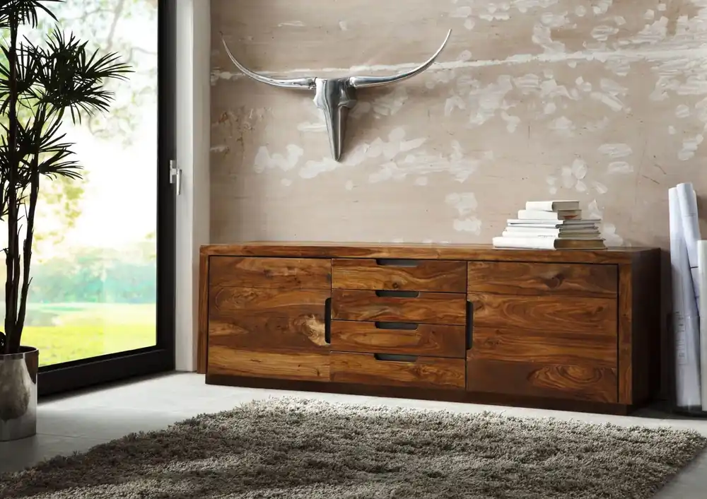 Geprüft Sideboard Sheesham 200x50x65 walnuss lackiert DUKE #116