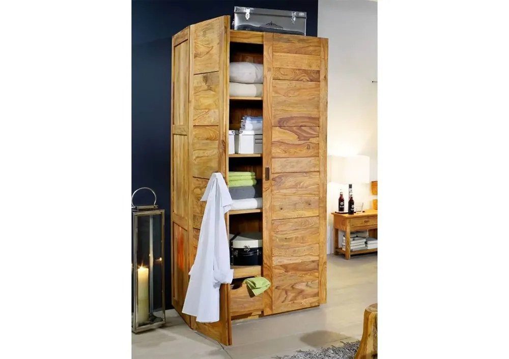 Neu Im Sortiment Kleiderschrank Sheesham 96x61x200 braun geölt NATURE BROWN #501