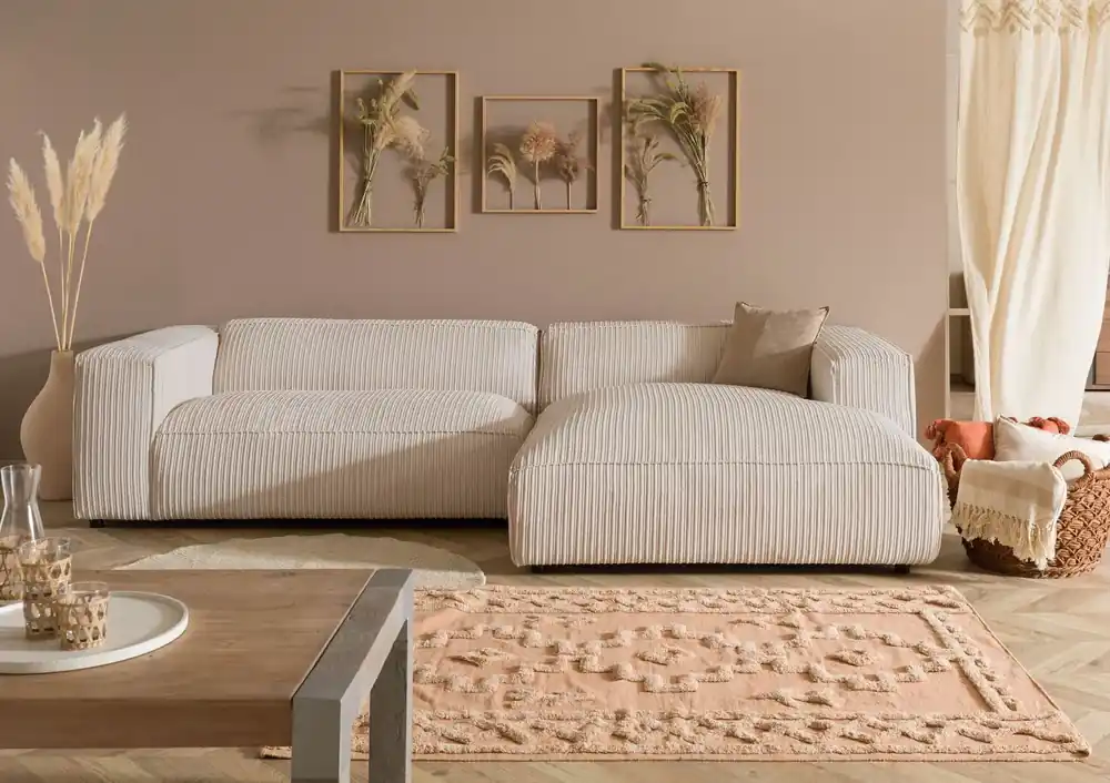 Heißes Angebot Ecksofa 304x164x69 Ottomane rechts Cord elfenbein VALENCIA