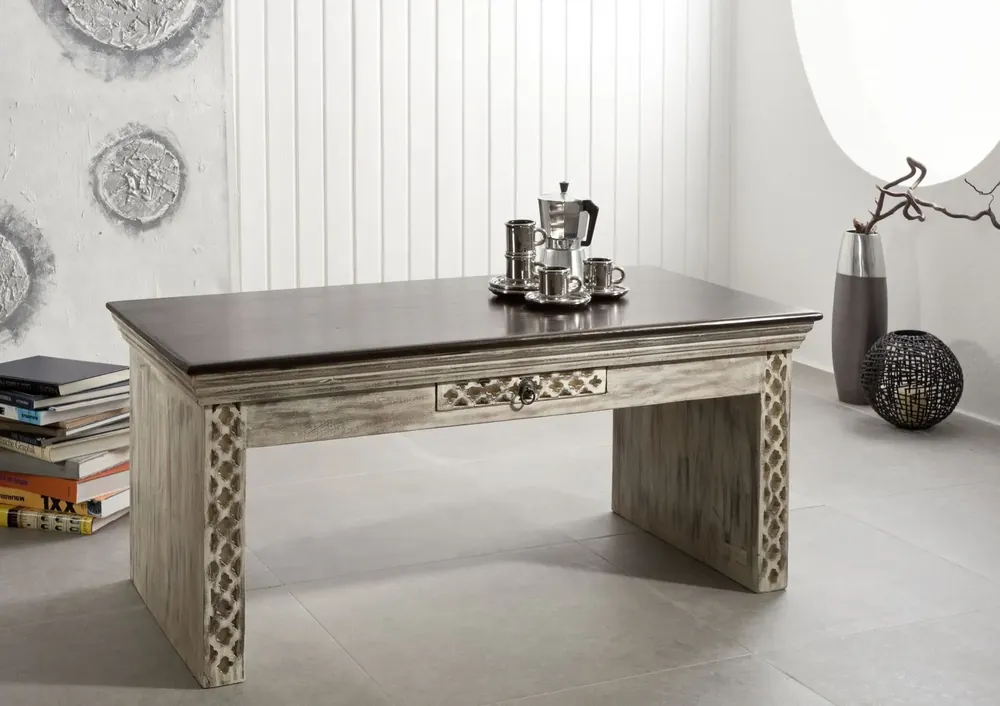 Super-Preis Couchtisch Mango / Akazie 115x60x50 weiß gewachst CASTLE-ANTIK #233
