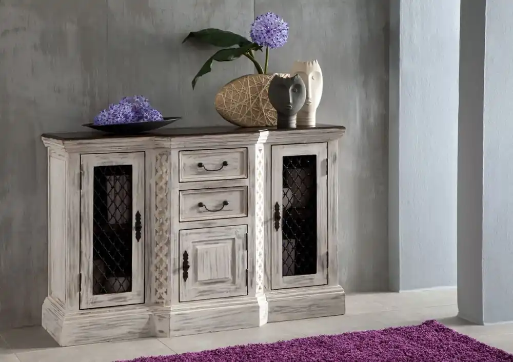 Billig Sideboard Mango / Akazie 135x50x90 weiß gewachst CASTLE-ANTIK #215