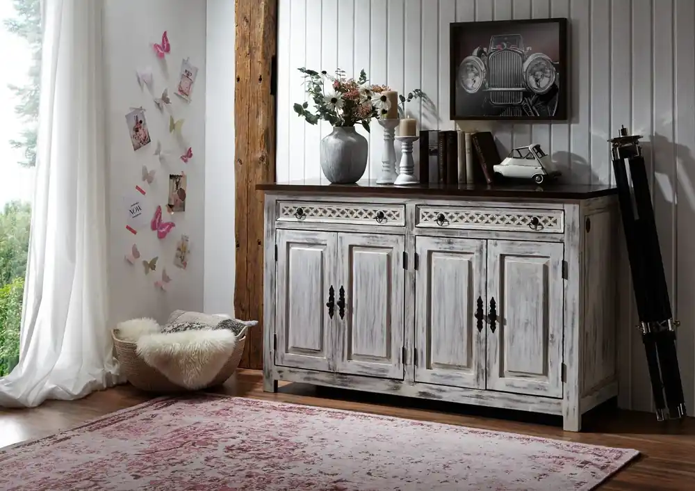 Direktkauf Sideboard Mango / Akazie 150x45x90 weiß gewachst CASTLE-ANTIK #261