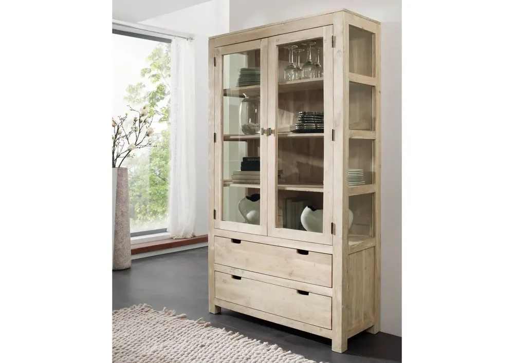 Preisreduziert Vitrine Akazie 110x45x200 white stone getüncht NATURE WHITE #65