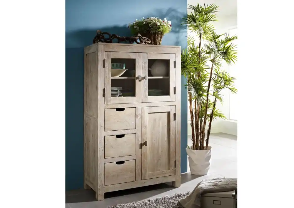 Vitrine Akazie 90x45x148 white stone getüncht NATURE WHITE #62 Must-Have