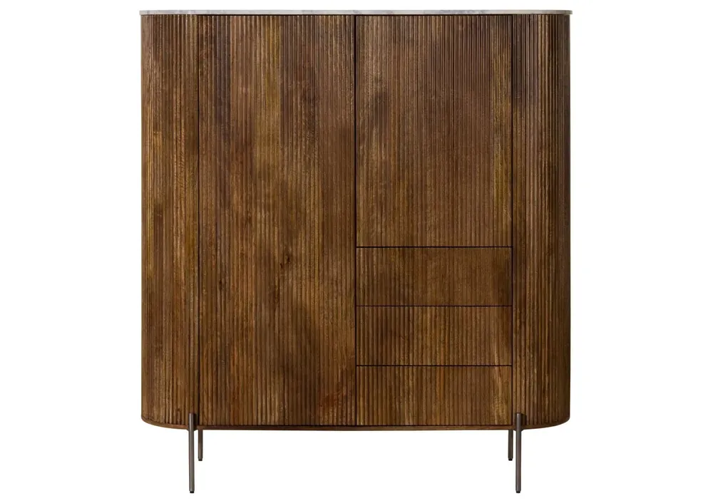 Highboard Mango 150x45x160 braun lackiert / Marmor weiß BARCELONA #241 Solange Der Vorrat Reicht